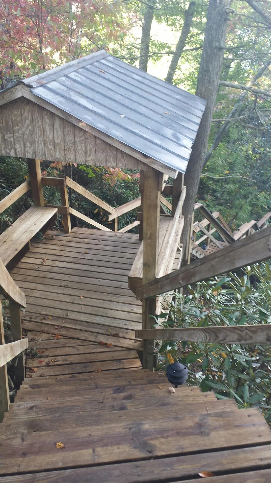 Metal roofed shelter over wooden steps on a wooded walkway — Skylight Repair & Installation work by our crew in Olaton